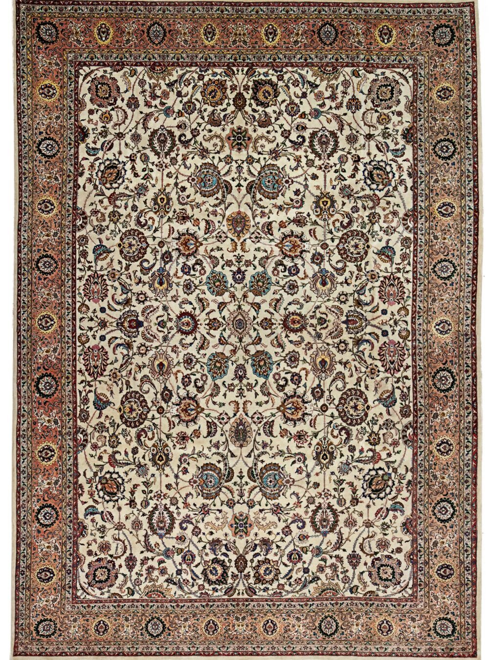 alt="Vintage Tabriz carpet with fine floral design and soft colours" alt="Elegant Persian rug from Northwest Iran with all-over floral pattern" alt="High-quality wool Tabriz rug with balanced colour palette" alt="Finely woven Persian carpet with timeless elegance"