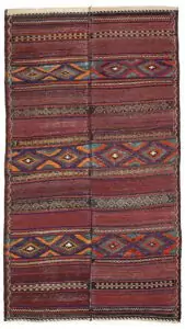 alt="Antique Baluch kilim from East Iran with lozenge motifs" alt="Finely woven tribal kilim in two sections sewn together" alt="Vintage Persian kilim with narrow bands and wide multicoloured patterns" alt="Baluch flatweave rug with symbolic lozenges and rich tribal character"