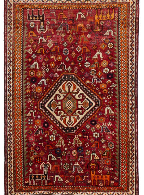 13496-Qashqai-193x128cm.jpg alt="Qashqai rug with red field, cream medallion, and tribal animal motifs" alt="Vintage Persian rug with peacocks, rams, and stylised flowers" alt="Fun Qashqai tribal rug from South Iran with narrow borders" alt="Characterful nomadic rug with symbolic animals and floral elements"