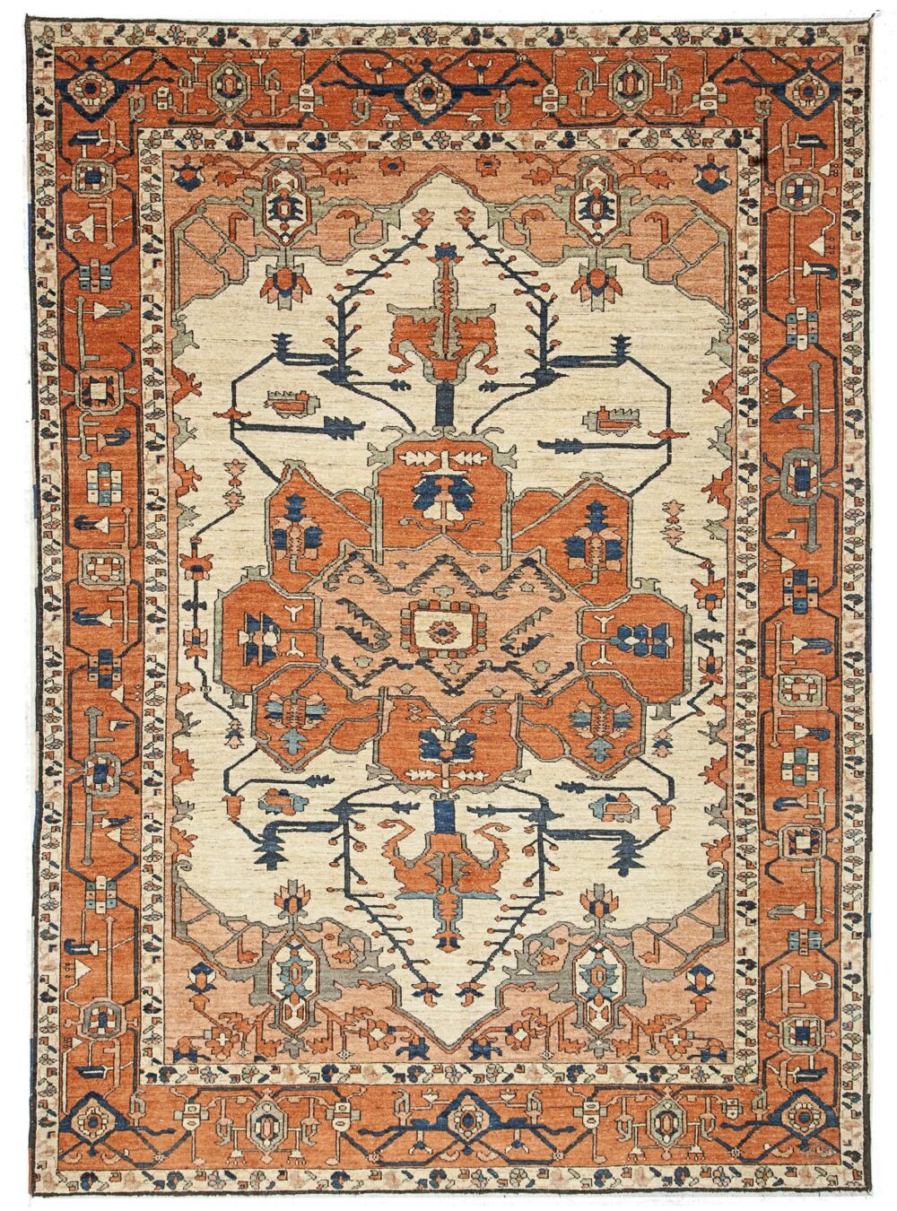 alt="Serapi Heriz rug with cream field and red medallion" alt="Handwoven Heriz carpet with peach spandrels and geometric border" alt="Traditional Persian-style rug with antique finish and natural dyes" alt="Serapi rug with handspun wool and soft red medallion"