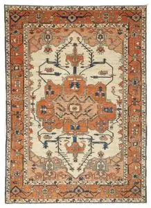 alt="Serapi Heriz rug with cream field and red medallion" alt="Handwoven Heriz carpet with peach spandrels and geometric border" alt="Traditional Persian-style rug with antique finish and natural dyes" alt="Serapi rug with handspun wool and soft red medallion"