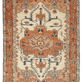 alt="Serapi Heriz rug with cream field and red medallion" alt="Handwoven Heriz carpet with peach spandrels and geometric border" alt="Traditional Persian-style rug with antique finish and natural dyes" alt="Serapi rug with handspun wool and soft red medallion"