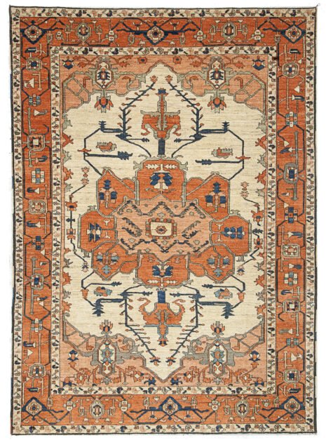 13507-Serapi-375x266cm.jpg alt="Serapi Heriz rug with cream field and red medallion" alt="Handwoven Heriz carpet with peach spandrels and geometric border" alt="Traditional Persian-style rug with antique finish and natural dyes" alt="Serapi rug with handspun wool and soft red medallion"