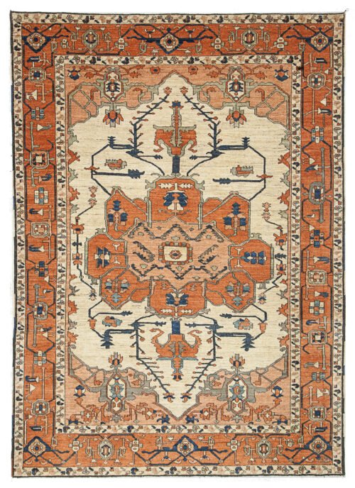 alt="Serapi Heriz rug with cream field and red medallion" alt="Handwoven Heriz carpet with peach spandrels and geometric border" alt="Traditional Persian-style rug with antique finish and natural dyes" alt="Serapi rug with handspun wool and soft red medallion"