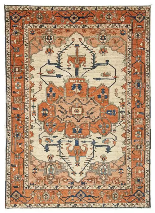alt="Serapi Heriz rug with cream field and red medallion" alt="Handwoven Heriz carpet with peach spandrels and geometric border" alt="Traditional Persian-style rug with antique finish and natural dyes" alt="Serapi rug with handspun wool and soft red medallion"