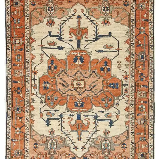 alt="Serapi Heriz rug with cream field and red medallion" alt="Handwoven Heriz carpet with peach spandrels and geometric border" alt="Traditional Persian-style rug with antique finish and natural dyes" alt="Serapi rug with handspun wool and soft red medallion"