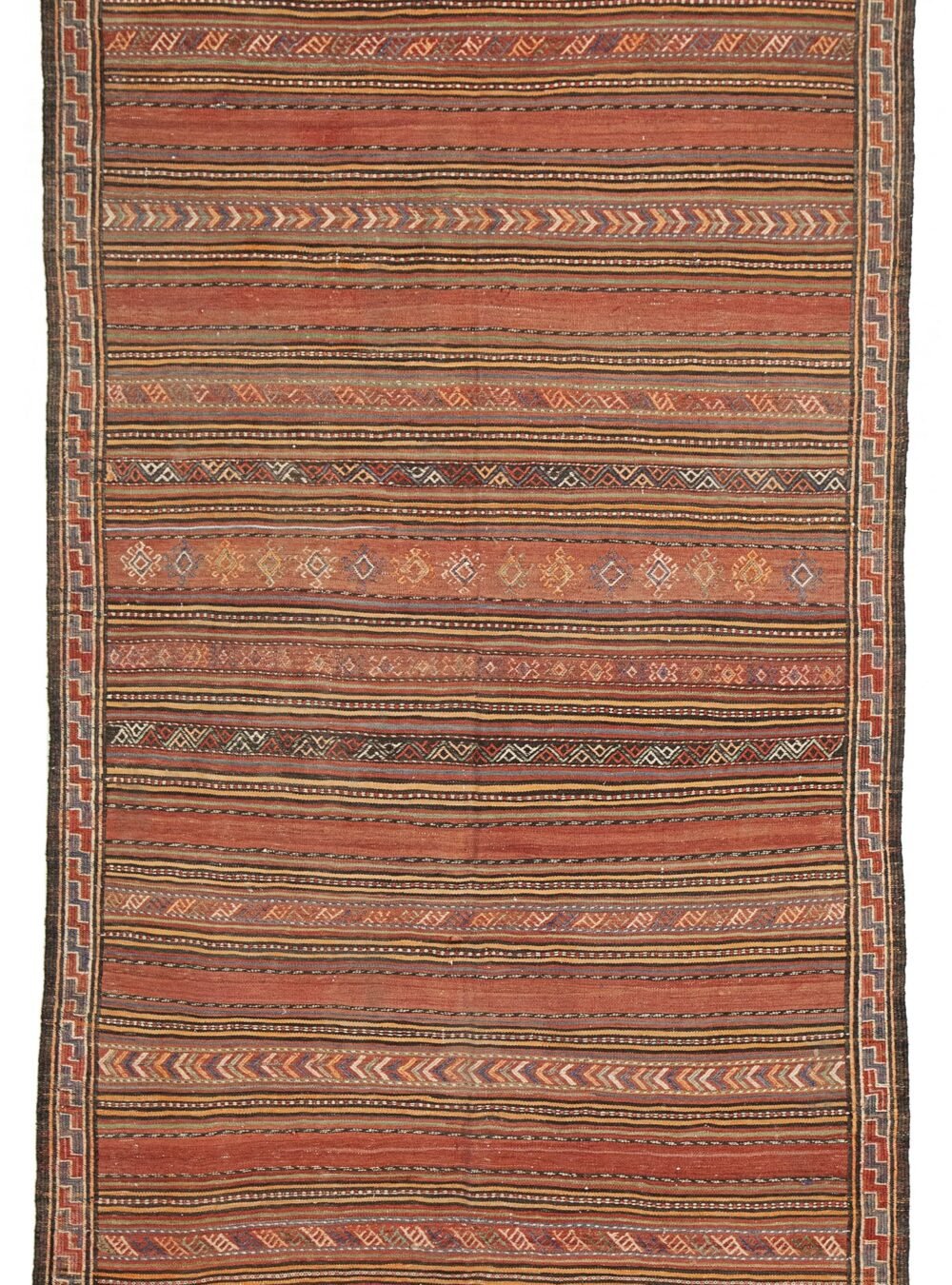 alt="Kordi Ghoochan kilim with horizontal tribal bands and S border" alt="Harmonious coloured kilim from Northeast Iran with intricate ends" alt="Persian flatweave with geometric motif bands and traditional tribal layout" alt="Vintage Kordi tribal kilim with natural wool and symbolic design"