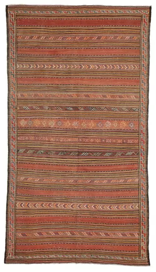 alt="Kordi Ghoochan kilim with horizontal tribal bands and S border" alt="Harmonious coloured kilim from Northeast Iran with intricate ends" alt="Persian flatweave with geometric motif bands and traditional tribal layout" alt="Vintage Kordi tribal kilim with natural wool and symbolic design"