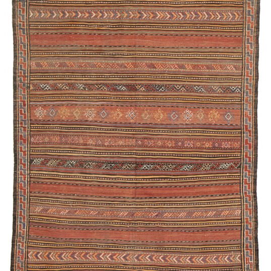 alt="Kordi Ghoochan kilim with horizontal tribal bands and S border" alt="Harmonious coloured kilim from Northeast Iran with intricate ends" alt="Persian flatweave with geometric motif bands and traditional tribal layout" alt="Vintage Kordi tribal kilim with natural wool and symbolic design"