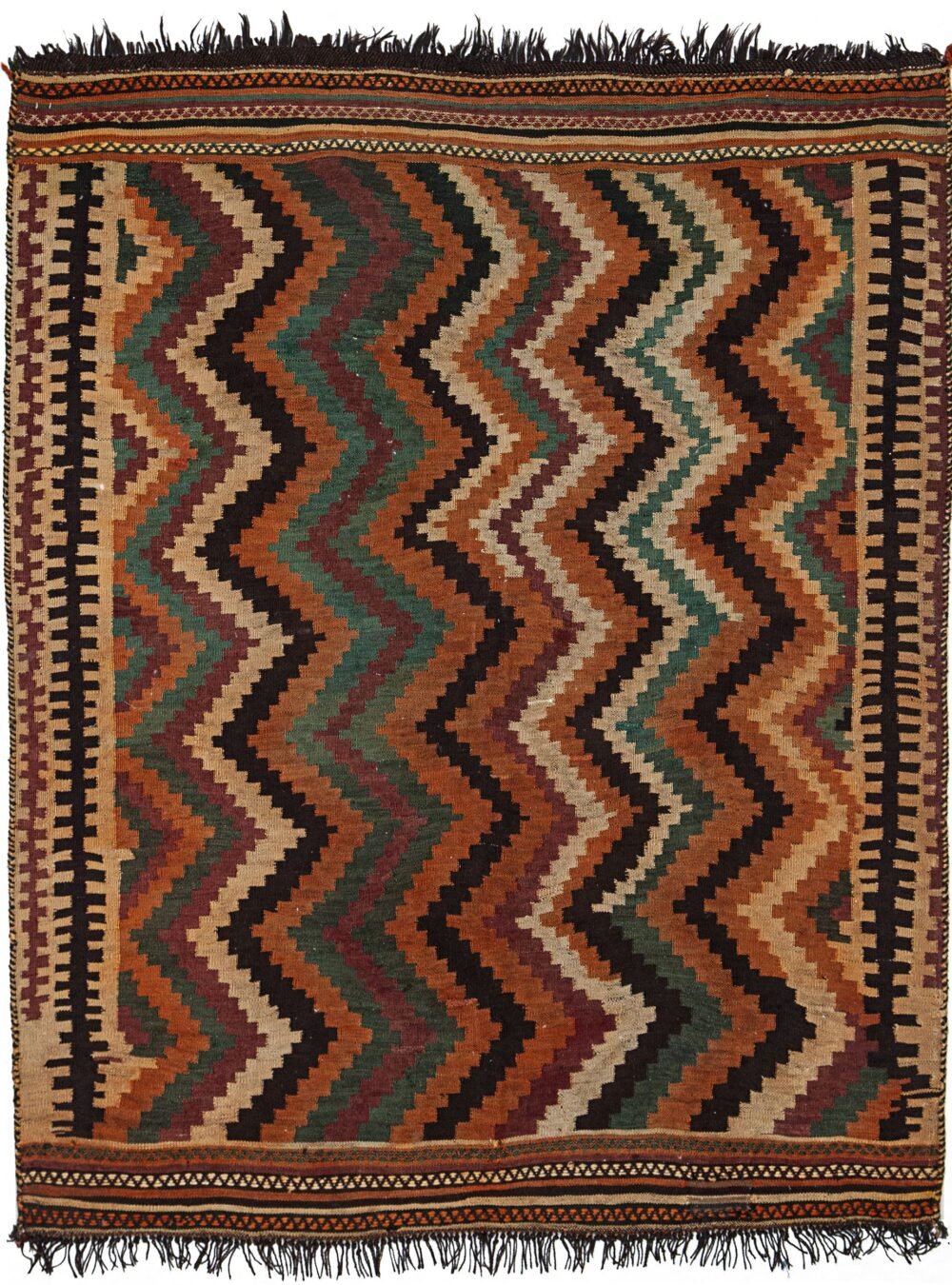 alt="Rustic Qashqai kilim with zig-zag design and tribal end finishes" alt="Handwoven Persian tribal kilim with broken borders and zig-zag pattern" alt="Authentic Qashqai flatweave with traditional motifs and decorative ends" alt="Vintage Persian kilim with tribal zig-zag design and rustic charm"
