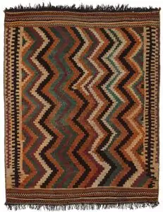 alt="Rustic Qashqai kilim with zig-zag design and tribal end finishes" alt="Handwoven Persian tribal kilim with broken borders and zig-zag pattern" alt="Authentic Qashqai flatweave with traditional motifs and decorative ends" alt="Vintage Persian kilim with tribal zig-zag design and rustic charm"