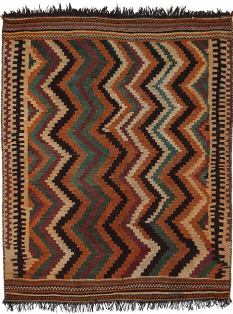 alt="Rustic Qashqai kilim with zig-zag design and tribal end finishes" alt="Handwoven Persian tribal kilim with broken borders and zig-zag pattern" alt="Authentic Qashqai flatweave with traditional motifs and decorative ends" alt="Vintage Persian kilim with tribal zig-zag design and rustic charm"