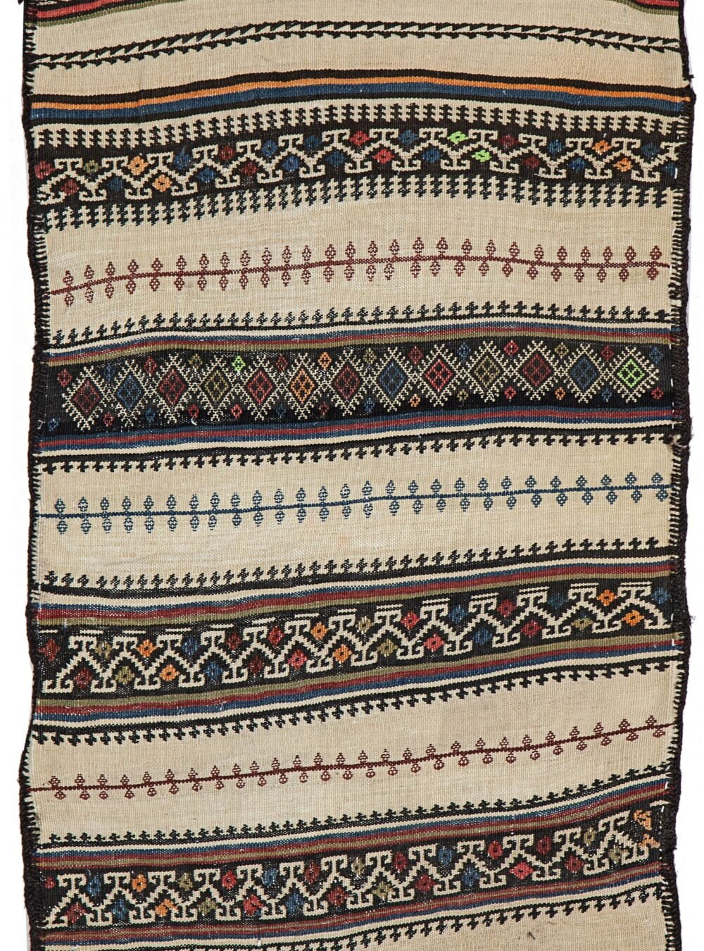 alt="Baluch grain sack with cream base and black and white woven bands" alt="Tribal wool textile from Northeast Iran for decorative use" alt="Finely woven Persian grain sack with geometric motifs" alt="Decorative Baluch textile suitable for draping, hanging, or floor use"