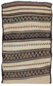 alt="Baluch grain sack with cream base and black and white woven bands" alt="Tribal wool textile from Northeast Iran for decorative use" alt="Finely woven Persian grain sack with geometric motifs" alt="Decorative Baluch textile suitable for draping, hanging, or floor use"