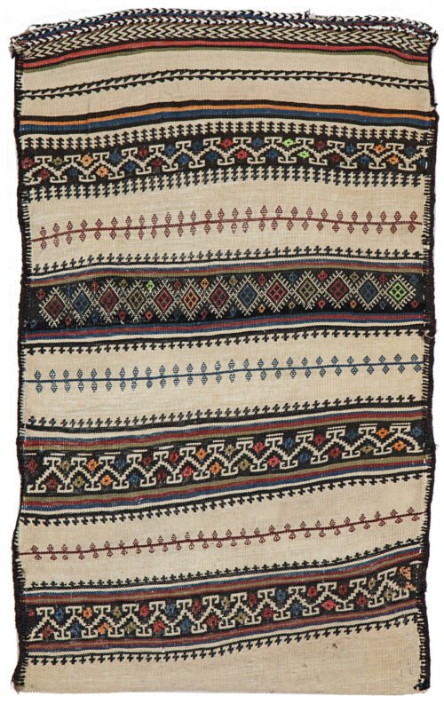 alt="Baluch grain sack with cream base and black and white woven bands" alt="Tribal wool textile from Northeast Iran for decorative use" alt="Finely woven Persian grain sack with geometric motifs" alt="Decorative Baluch textile suitable for draping, hanging, or floor use"