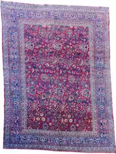 alt="Mashad carpet with maroon red field and floral palmette design" alt="Persian rug from Mashad with blue floral borders and vines" alt="High-quality wool Mashad rug with palmettes and natural dyes" alt="Traditional Persian carpet with red ground and elegant floral detailing"