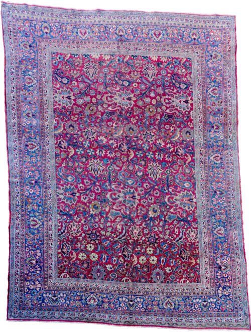 alt="Mashad carpet with maroon red field and floral palmette design" alt="Persian rug from Mashad with blue floral borders and vines" alt="High-quality wool Mashad rug with palmettes and natural dyes" alt="Traditional Persian carpet with red ground and elegant floral detailing"