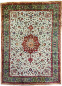 alt="Tabriz carpet with pistachio green field and central medallion" alt="Fine 60 raj Persian rug with floral design and scrolling green border" alt="Vintage Tabriz carpet with soft wool and old repairs" alt="Northwest Iran Tabriz rug in green tones with elegant floral pattern"