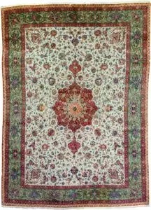 alt="Tabriz carpet with pistachio green field and central medallion" alt="Fine 60 raj Persian rug with floral design and scrolling green border" alt="Vintage Tabriz carpet with soft wool and old repairs" alt="Northwest Iran Tabriz rug in green tones with elegant floral pattern"