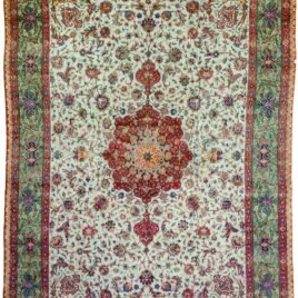alt="Tabriz carpet with pistachio green field and central medallion" alt="Fine 60 raj Persian rug with floral design and scrolling green border" alt="Vintage Tabriz carpet with soft wool and old repairs" alt="Northwest Iran Tabriz rug in green tones with elegant floral pattern"