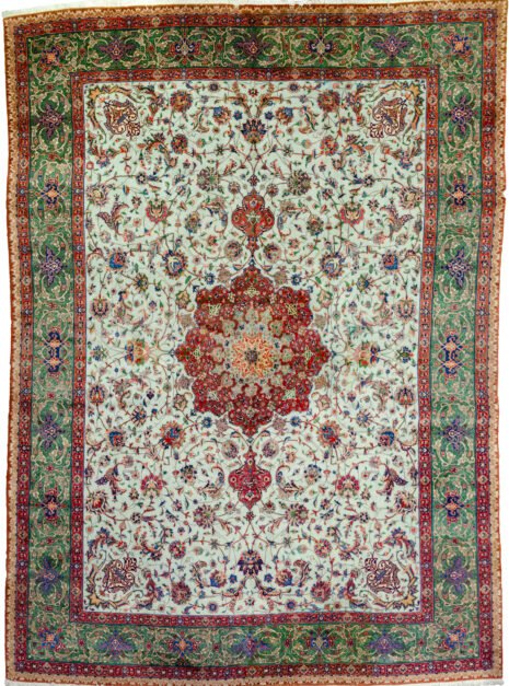 alt="Tabriz carpet with pistachio green field and central medallion" alt="Fine 60 raj Persian rug with floral design and scrolling green border" alt="Vintage Tabriz carpet with soft wool and old repairs" alt="Northwest Iran Tabriz rug in green tones with elegant floral pattern"