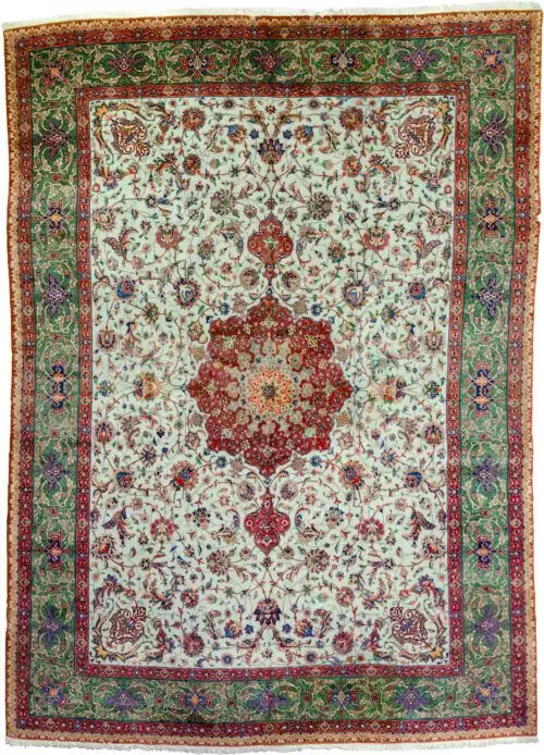 alt="Tabriz carpet with pistachio green field and central medallion" alt="Fine 60 raj Persian rug with floral design and scrolling green border" alt="Vintage Tabriz carpet with soft wool and old repairs" alt="Northwest Iran Tabriz rug in green tones with elegant floral pattern"