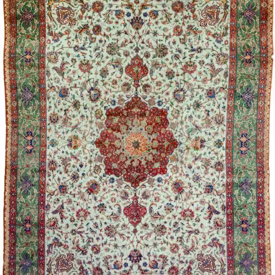 alt="Tabriz carpet with pistachio green field and central medallion" alt="Fine 60 raj Persian rug with floral design and scrolling green border" alt="Vintage Tabriz carpet with soft wool and old repairs" alt="Northwest Iran Tabriz rug in green tones with elegant floral pattern"