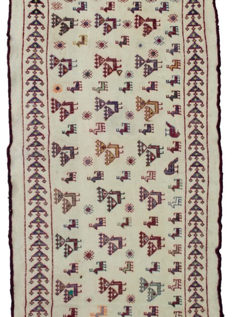 alt="Vintage Sofreh from northeast Iran with peacocks, birds, and goats" alt="Traditional Persian food cloth with animal motifs and fine weaving" alt="Sofreh table runner or hallway rug with symbolic tribal animals" alt="Iranian woven textile featuring peacocks and goats on a decorative field"