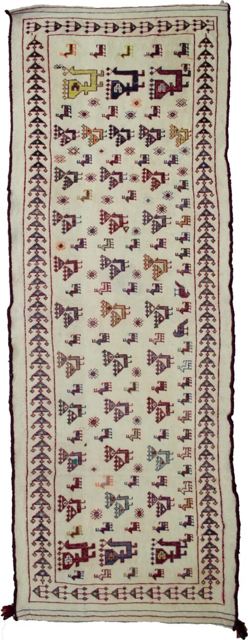 alt="Vintage Sofreh from northeast Iran with peacocks, birds, and goats" alt="Traditional Persian food cloth with animal motifs and fine weaving" alt="Sofreh table runner or hallway rug with symbolic tribal animals" alt="Iranian woven textile featuring peacocks and goats on a decorative field"