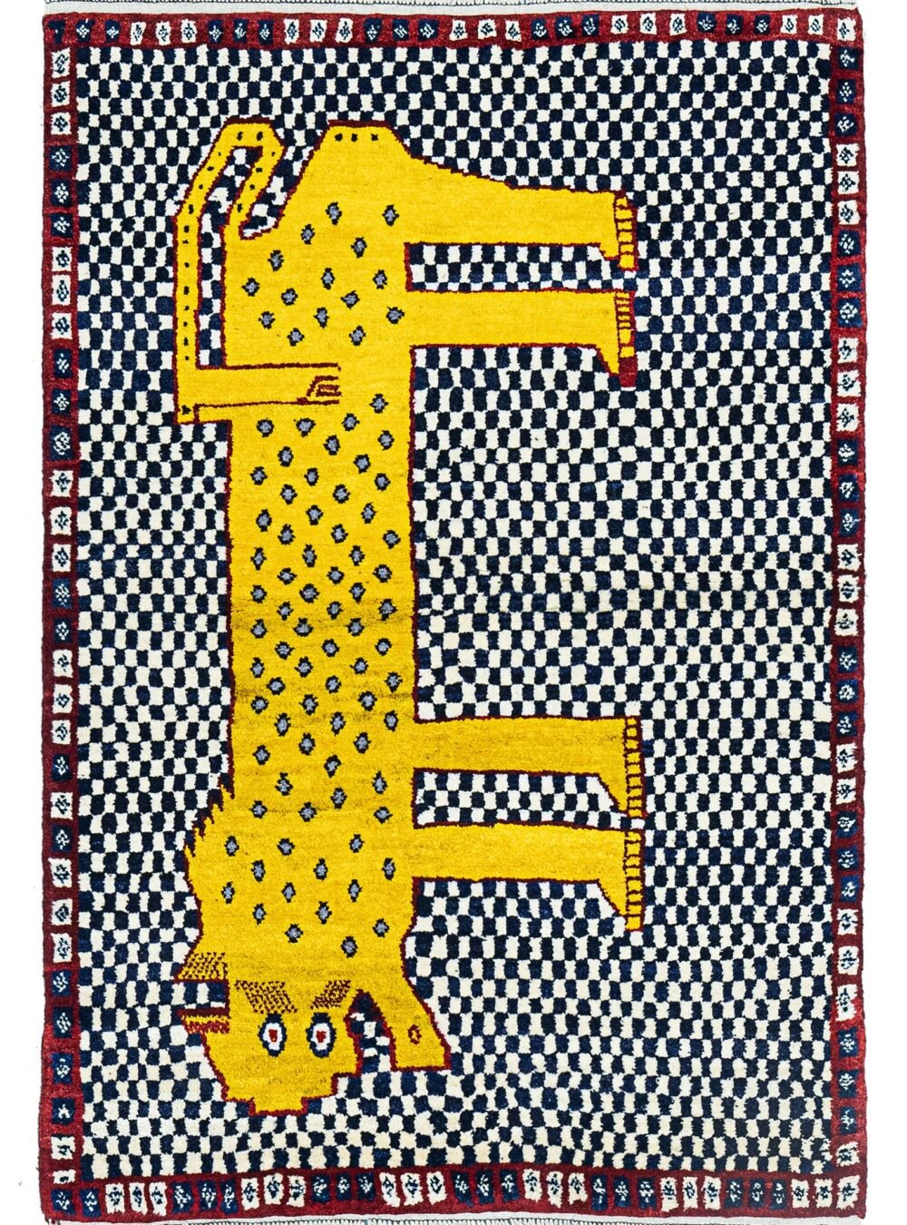 alt="Gabbeh rug with leopard motif on chequered background" alt="Handwoven Persian Gabbeh rug with animal design and fine wool" alt="Charming leopard Gabbeh rug with natural dye colours" alt="Collector’s Gabbeh rug with whimsical design and traditional craftsmanship"