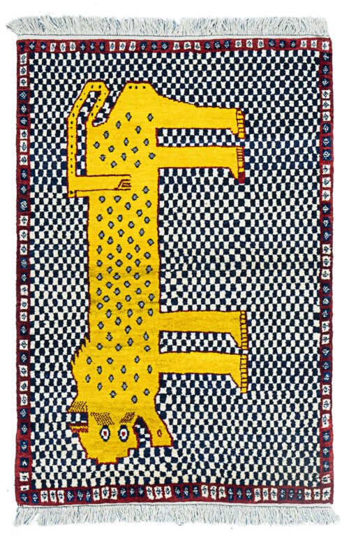 alt="Gabbeh rug with leopard motif on chequered background" alt="Handwoven Persian Gabbeh rug with animal design and fine wool" alt="Charming leopard Gabbeh rug with natural dye colours" alt="Collector’s Gabbeh rug with whimsical design and traditional craftsmanship"