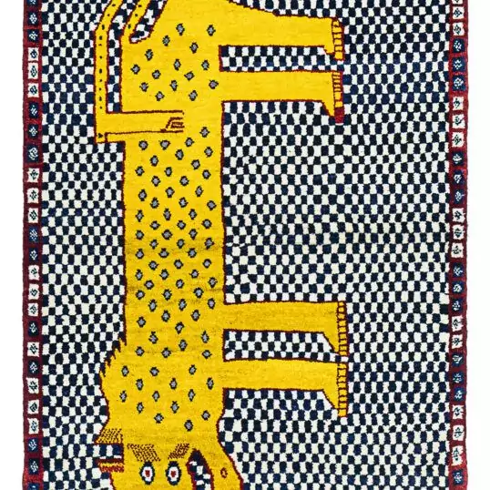 alt="Gabbeh rug with leopard motif on chequered background" alt="Handwoven Persian Gabbeh rug with animal design and fine wool" alt="Charming leopard Gabbeh rug with natural dye colours" alt="Collector’s Gabbeh rug with whimsical design and traditional craftsmanship"