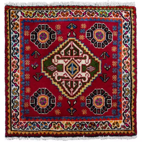 alt="Qashqai mat with scarab beetle medallion and corner flower motifs" alt="Tribal Persian rug from South Iran with vibrant colours and symbolic design" alt="Handwoven Qashqai wool mat with central medallion and floral corners" alt="Vivid Qashqai mat featuring scarab beetle motif and fine tribal weave"