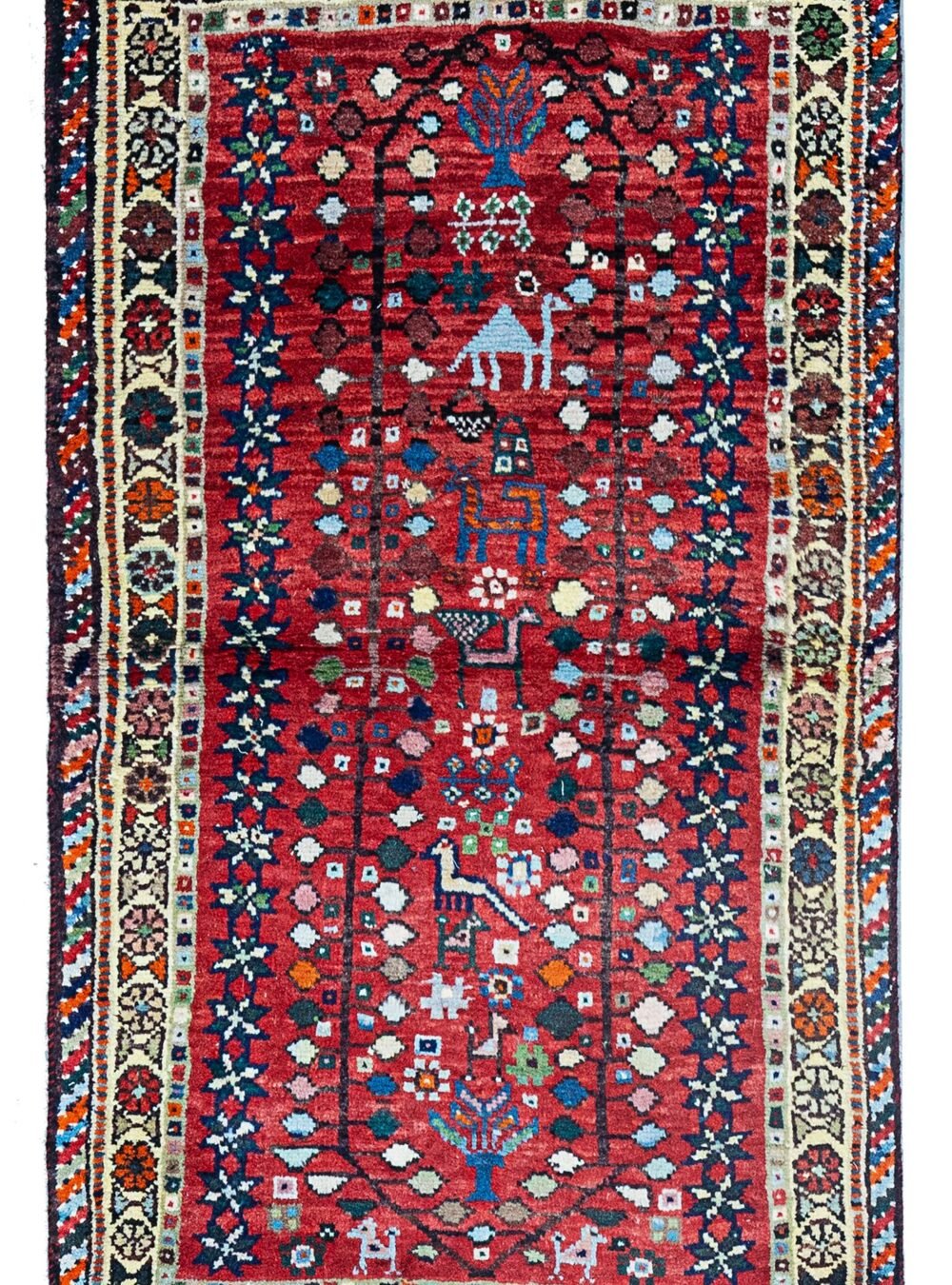 alt="Shiraz rug with camels, peacocks, trees, and abrushed red field" alt="Tribal Persian rug from Shiraz with animal and nature motifs" alt="Southern Iranian rug with cream floral border and red field" alt="Unusual Shiraz wool rug with charming folk art design"