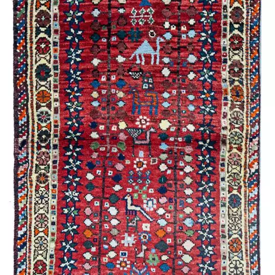 alt="Shiraz rug with camels, peacocks, trees, and abrushed red field" alt="Tribal Persian rug from Shiraz with animal and nature motifs" alt="Southern Iranian rug with cream floral border and red field" alt="Unusual Shiraz wool rug with charming folk art design"