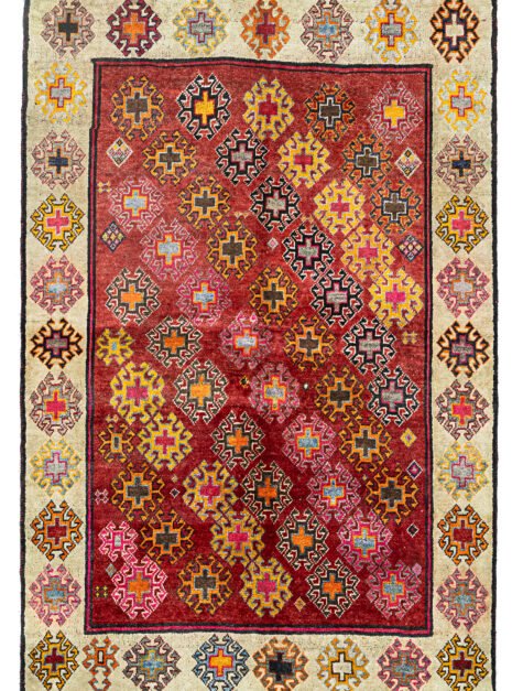 alt="Gabbeh rug with rich red ground and cream border from South Iran" alt="Simple tribal Persian rug with all-over design and natural wool" alt="Handwoven Gabbeh with red field and decorative cream frame" alt="South Iranian tribal rug with warm color palette and handmade charm"