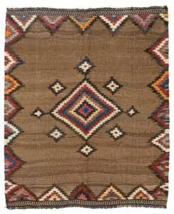 alt="Antique Varamin kilim with camel ground and multicoloured medallion" alt="Persian tribal kilim with handspun wool and natural dyes" alt="Varamin kilim featuring wave-like abrushes and floral end designs" alt="Collector-quality Varamin kilim with geometric medallion and camel field"
