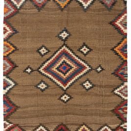 alt="Antique Varamin kilim with camel ground and multicoloured medallion" alt="Persian tribal kilim with handspun wool and natural dyes" alt="Varamin kilim featuring wave-like abrushes and floral end designs" alt="Collector-quality Varamin kilim with geometric medallion and camel field"