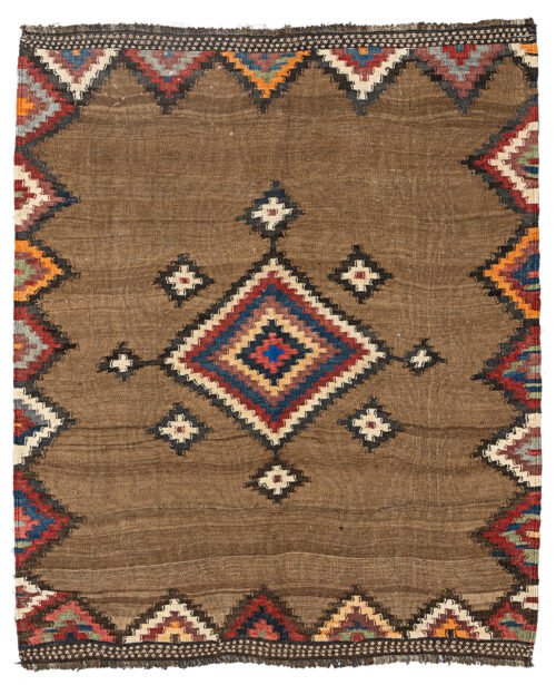 alt="Antique Varamin kilim with camel ground and multicoloured medallion" alt="Persian tribal kilim with handspun wool and natural dyes" alt="Varamin kilim featuring wave-like abrushes and floral end designs" alt="Collector-quality Varamin kilim with geometric medallion and camel field"