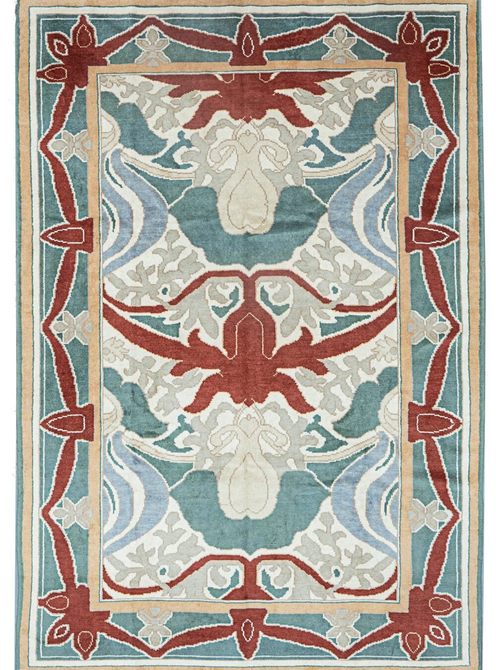 alt="Voysey Arts & Crafts rug reproduction with natural dyes" alt="Hand-knotted rug with Charles Voysey design and bold nature motifs" alt="Arts & Crafts rug inspired by early 20th-century textile designer" alt="High-quality wool Voysey rug with antique finish"