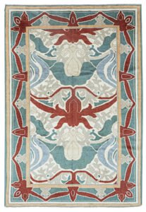 alt="Voysey Arts & Crafts rug reproduction with natural dyes" alt="Hand-knotted rug with Charles Voysey design and bold nature motifs" alt="Arts & Crafts rug inspired by early 20th-century textile designer" alt="High-quality wool Voysey rug with antique finish"