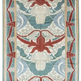 alt="Voysey Arts & Crafts rug reproduction with natural dyes" alt="Hand-knotted rug with Charles Voysey design and bold nature motifs" alt="Arts & Crafts rug inspired by early 20th-century textile designer" alt="High-quality wool Voysey rug with antique finish"