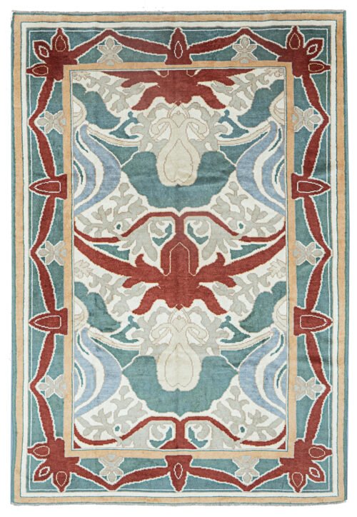 alt="Voysey Arts & Crafts rug reproduction with natural dyes" alt="Hand-knotted rug with Charles Voysey design and bold nature motifs" alt="Arts & Crafts rug inspired by early 20th-century textile designer" alt="High-quality wool Voysey rug with antique finish"