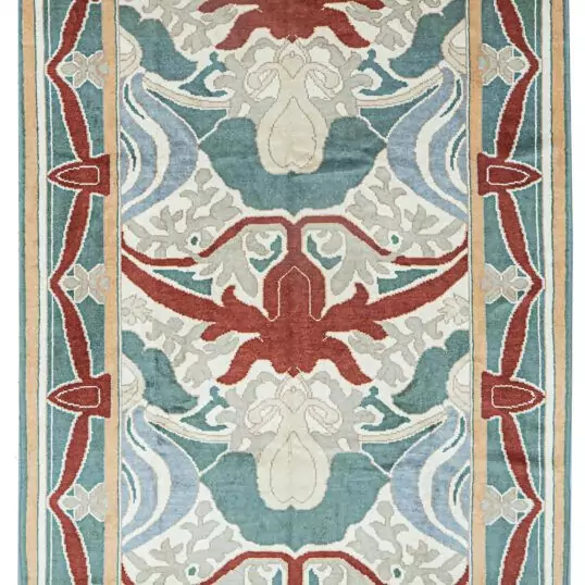 alt="Voysey Arts & Crafts rug reproduction with natural dyes" alt="Hand-knotted rug with Charles Voysey design and bold nature motifs" alt="Arts & Crafts rug inspired by early 20th-century textile designer" alt="High-quality wool Voysey rug with antique finish"