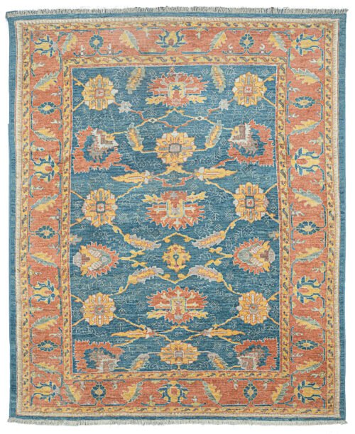 alt="Ushak carpet with blue background and large floral vine design" alt="New antique-look Turkish rug with terracotta floral border" alt="Handspun wool Ushak rug with authentic weave and natural dyes" alt="Decorative blue and terracotta Ushak carpet with aged finish