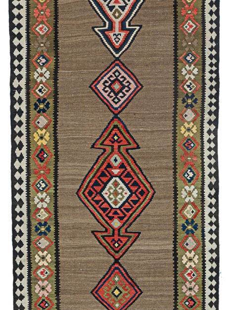 alt="Antique Shahsavan kilim runner with medallions and olive floral border" alt="Grey-brown Persian kilim with abrushes and geometric lozenges" alt="Finely woven Shahsavan runner with tribal motifs and cream border" alt="Decorative collector’s kilim with stylised floral heads and medallion design"