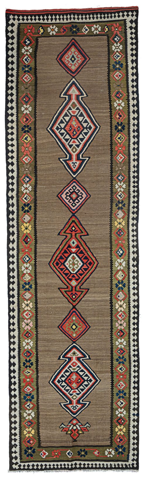 alt="Antique Shahsavan kilim runner with medallions and olive floral border" alt="Grey-brown Persian kilim with abrushes and geometric lozenges" alt="Finely woven Shahsavan runner with tribal motifs and cream border" alt="Decorative collector’s kilim with stylised floral heads and medallion design"