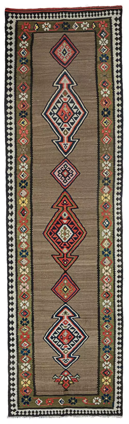 alt="Antique Shahsavan kilim runner with medallions and olive floral border" alt="Grey-brown Persian kilim with abrushes and geometric lozenges" alt="Finely woven Shahsavan runner with tribal motifs and cream border" alt="Decorative collector’s kilim with stylised floral heads and medallion design"