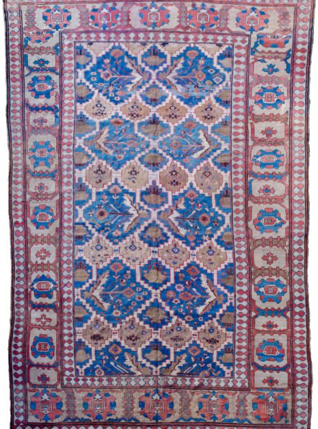 alt="Bakhshayesh carpet with blue field and all-over bush design" alt="Persian rug with lozenge bands and geometric light brown border" alt="Rare Bakhshayesh carpet with tribal bush motifs and decorative colors" alt="Traditional Persian rug from Northwest Iran with unique all-over pattern"