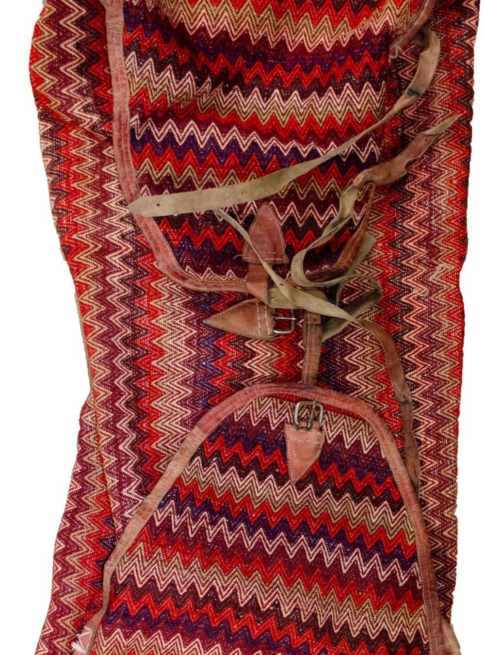 alt="Missoni-style tribal Rakhtekhab bag with leather straps and zigzag pattern" alt="Vintage Mafrash bag in red, green, yellow, and orange with full leather trim" alt="Nomadic woven storage bag suitable for ottoman or table conversion" alt="Colorful tribal bedding bag with intact leather handles and zigzag motif"